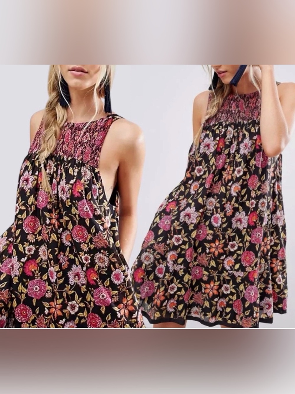 Free People Floral Smocked Swing Mini Dress Black Pink XS